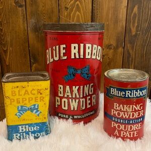Blue Ribbon Baking Powder and Black Pepper Tins-Vintage Kitchen.